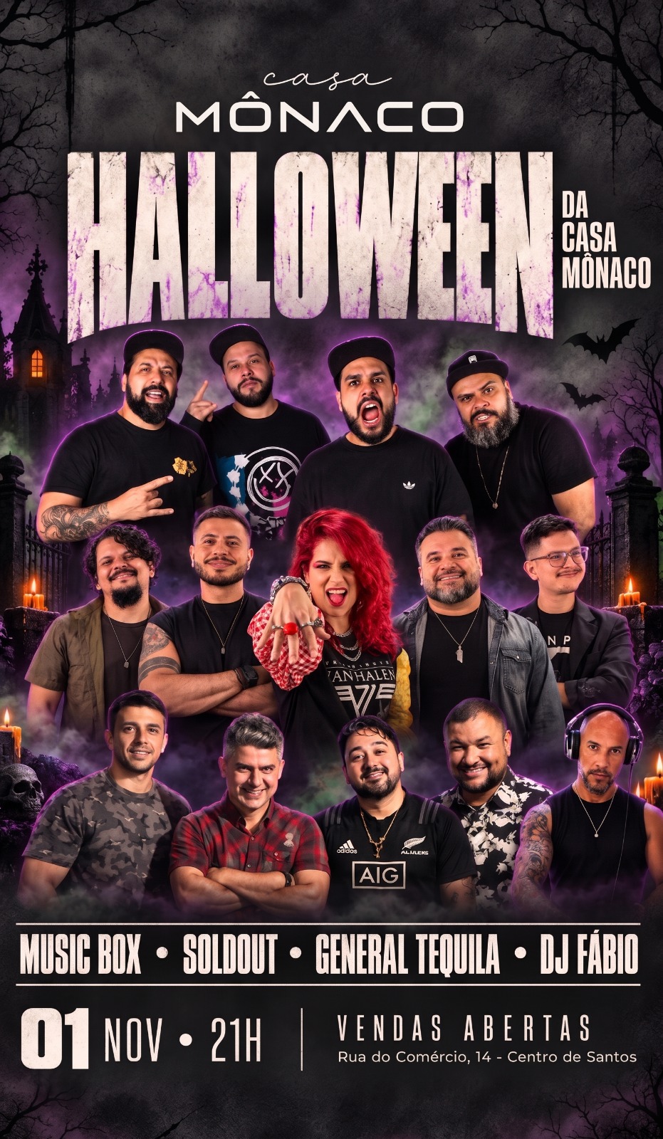 Cartaz da festa Halloween da Casa Mônaco, em Santos, com imagens dos músicos das bandas Music Box, Soldout e General Tequila e do DJ Fábio. O evento será realizado em 1º de novembro, a partir das 21h.