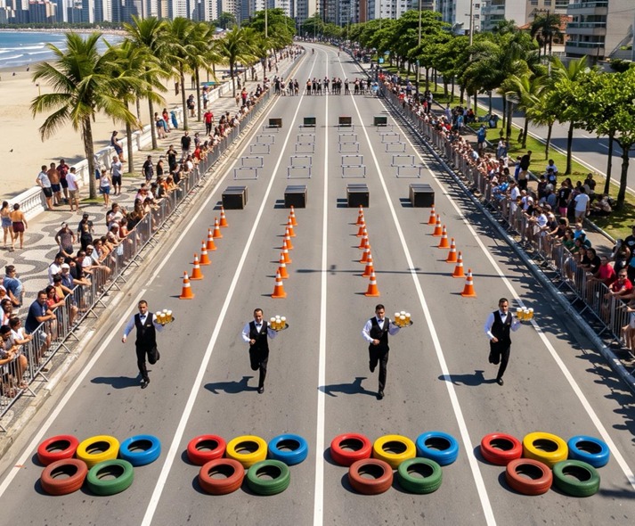 Competidores participam de prova de velocidade e equilíbrio na orla de Santos, durante a Batalha dos Garçons.